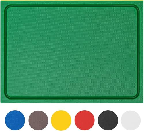 MUVELL Planche à découper en plastique PE-HD Vert, 35x25x2 cm, passe au lave-vaisselle, extra épaisse, n'abîme pas les couteaux bac à jus