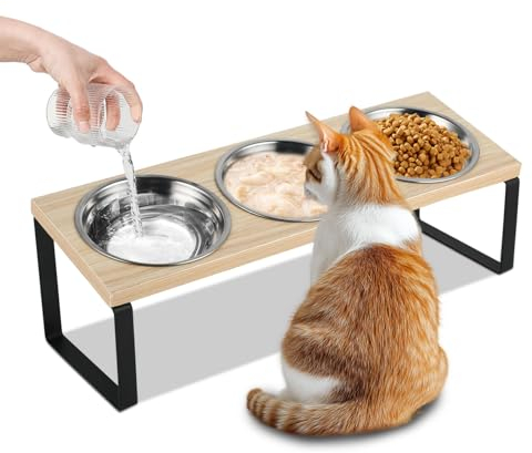 Katzennäpfe Erhöht 3er Set, Futternapf Mit Holz Ständer, Ergonomische Futterstation Mit Edelstahl Näpfen für Wasser und Futter, 15° Gekippte Näpfe für Katzen und Kleine Hunde