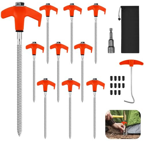 KITERI 10 Pcs Screw In Tent Pegs, 8 Inch Tent Pegs Hard Ground Awning Pegs Heavy Duty Camping Pegs With Tent Peg Extractor Hexagon Socket and Storage Bag for Hard Ground Camping Tarpaulin