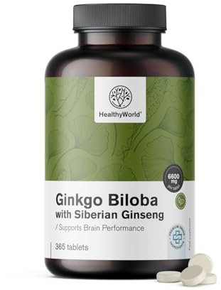 HealthyWorld Ginkgo Biloba mit sibirischem Ginseng 6600 mg - Hochdosiert - Unterstützung der kognitiven Funktion - 365 Tabletten für einen Jahresvorrat - Ginkgo-Extrakt 50:1 (120 mg) & 10:1 (60 mg)