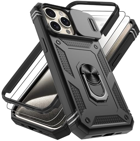 Pilaru 3 in 1 for iPhone 15 Pro Max Case |With Front Frame| 2 Screen Protector[Separate] & Kickstand Ring & Camera Cover Military Grade Drop Shockproof Protection for iPhone 15 Pro Max,Black