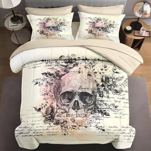 WeCozy 5-teiliges Bettwäsche-Set für Doppelbetten mit Kissenbezug und Kissenbezug, Totenkopf-Bettwäsche für Kinder und Erwachsene, Roll-Gothic-Skelett-Bett in einer Tasche mit flachem Spannbetttuch