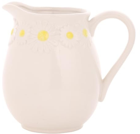 Cottage Garden - Daisy Milk Jug - White Glazed Ceramic Handeled Pitcher - for Cold Homemade Drinks, Juice, Iced Tea, Lemonade, Cocktails or Flowers Gifting & Home Decor - H: 17 x W: 19.