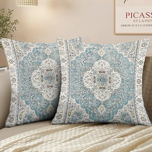 XPHZZL Pack of 2 Bohemian Style Linen Decorative Cushion Covers 60x60 cm Square Throw Pillow Covers 24x24 Inch Boho Style Pillowcases for Outdoor Home Decor Sofa Bedroom Car - Light Blue