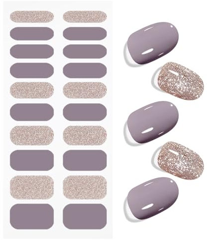 JMEOWIO Gel Nail Stickers Purple Gray Glitter Semi Cured Gel Nail Strips Wraps UV/LED Nails Art Design Decoration Accessories