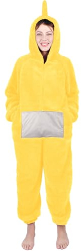 Onesie Kostüm Schlafanzug, Tele tubbies Onesie Kostüm Erwachsene mit Kapuze, Tier Jumpsuit Kostüm Erwachsene Cosplay Karneval Halloween Pyjama Weihnachten Party kuschelig Schlafanzüge für Damen
