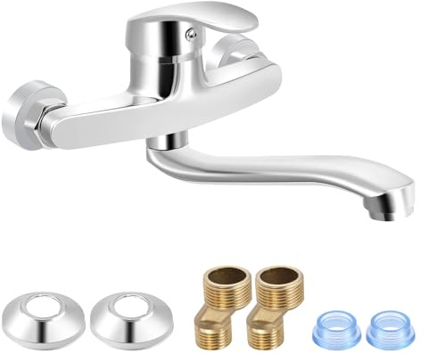 Robinet Cuisine Mural, Robinet Cuisine Mural en Acier Inoxydable Orientable à 360°, Mitigeur Eau Chaude et Eau Froide, Connexion G1/G2 G3/G4 (Argenté)