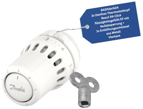 BADfabrik24 Thermostatkopf React RA Click EF – flüssigkeitgefüllt, Nullabsperrung, RA-Click, 2er Set weiß + Entlüftungsschlüssel 5 mm Vierkant – präzise Heizkörperregelung, klick-Montage