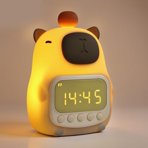 Zhwidnerso Capybara Kinderwecker, Wiederaufladbar Wecker mit Nachtlicht, Einstellbare Helligkeit und Lautstärke, Snooze und Timer, Silikon Kinder Wecker für Kinder Mädchen und Jungen
