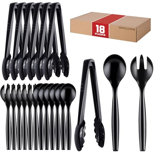Mwellewm 18Pcs Serving Utensils, 10'' Plastic Serving Utensils Set, Disposable Serving Spoons for Buffet, Large Serving Tongs for Food, Heavy Duty Party Supplies for Salad Soup Cooking Catering(Black)