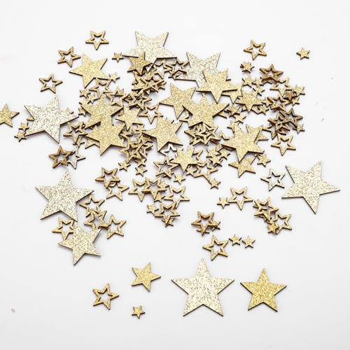 ENLACE 146 Stück 5 Größen Streudeko Sterne Holz,Holzsterne zum Basteln,Gold Glitzer Konfetti Holz Sterne Deko,Holzkonfetti Streudeko Weihnachten,Holzsterne Klein Tischdeko Weihnachten,0.9 cm bis 4 cm