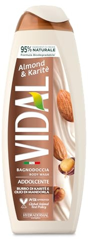 Vidal - Bagnoschiuma Almond & Karité, Formula Addolcente, con Olio di Mandorle e Burro di Karité, Dermatologicamente Testato, 500ml (Confezione da 6)