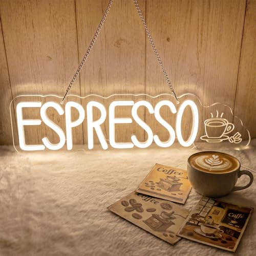 Astuddy Espresso Neon Schild LED Coffee Neon Licht mit USB und Dimmbar | Warmweißes Kaffee Neon Schild,Hängende Neonlampe für Kaffeebar Küche Café Kaffeestation Wanddekoration,40*10cm