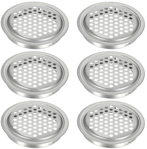 CHSEROK 6 Stück Lüftungsgitter Rund 60mm, Flach - Silber Lüftungsschlitze aus Edelstahl, Edelstahl Lüftungsgitter, Bodendurchmesser 53 mm, für Aufbewahrungsschränke, Schuhschränke,Küchenschränke