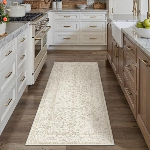 PureCozy Teppich Läufer Flur Beige 60x180cm Vintage Waschbarer Teppich | Weicher Kurzflor, Rutschfest, Pflegeleicht, Küche, Bettvorleger,Eingang ,Esszimmer,Schlafzimmer,Hallway