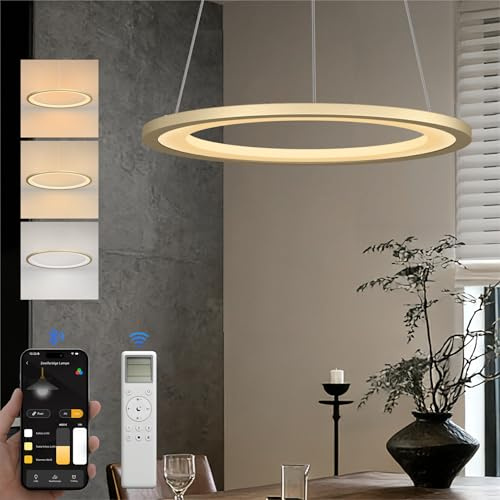 doporro Moderne LED Pendelleuchte, 40cm Dimmbare mit App & Fernbedienung | Esszimmerlampe hängend, 3000–6000K, CRI≥95, höhenverstellbar für Esstisch & Wohnraum, Gold,Luvina01