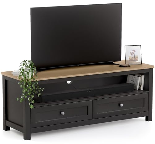 CHRISTOW TV Unit, 2 Drawers & Shelf, Charcoal | Modern TV Stand, 2 Storage Drawers, Open Media Shelf, Oak-Effect Top, Durable MDF Construction, W118cm x D40cm x H45cm
