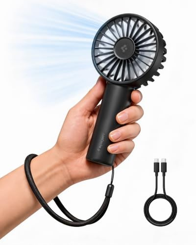 Spigen Handventilator Akku Aufladbar, USB Mini Ventilator, Schwarz | Inkl. USB-C-Kabel & Handschlaufe, Ultraleicht, Taschenventilator mit Batterie, Nur 95g, Leise, Klein, Wiederaufladbar