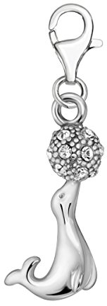Quiges Charms Anhänger Weiße Zirkonia 3D Seehund mit Kugel Versilbert Damen Schmuck für Bettelarmband
