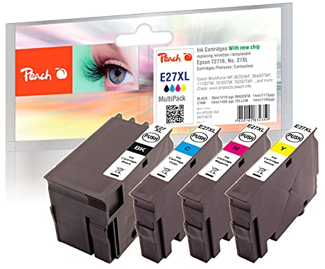 Peach E27 Spar Pack Druckerpatronen XL (BK, C, M, Y) ersetzt Epson T2716, No. 27XL, C13T27164010 für z.B. Epson WorkForce WF -3600, Epson WorkForce WF -3620 DWF, Epson WorkForce WF -3620 WF