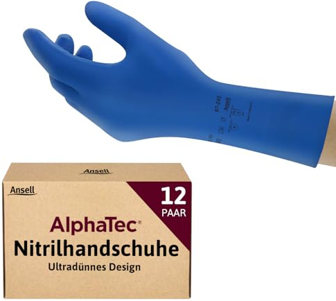 Ansell AlphaTec 87-245 Mehrzweckhandschuhe aus Latex, Chemikalienschutz, Lebensmittel Geeignet, Wiederverwendbare Gummihandschuhe, Hausputz, Haushalt, Kochen, Blau, Größe L (12 Paar)