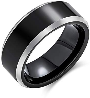 Bling Jewelry Einfacher schwarzer Titan-Ehering für Paare, für Männer und Frauen, silberfarben, zweifarbig, abgeschrägte Kante, komfortable Passform, 8MM