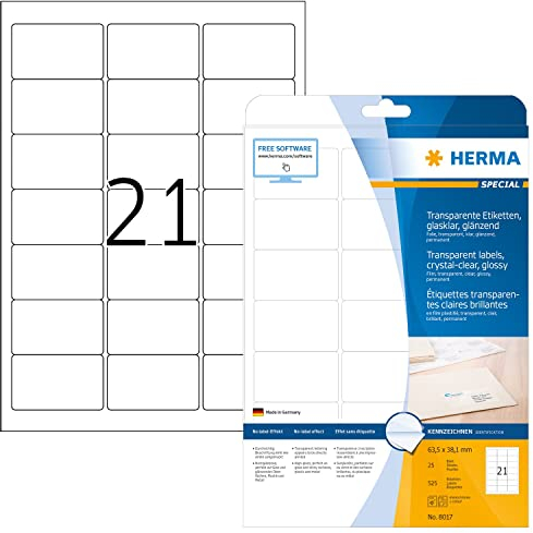 HERMA Etichette per Marcatura, 63,5 x 38,1 mm, Etichette Adesive A4 per Stampante, 21 Etichette per Foglio, Trasparente
