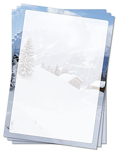 Motivpapier Briefpapier (Winter-5049, DIN A4 25 Blatt) tief verschneite Winterlandschaft im Gebirge mit Almhütte und schneebedeckten Bäumen