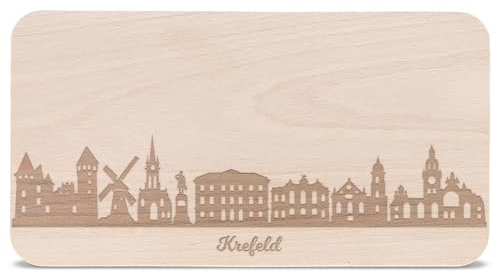 GRAVURZEILE Frühstücksbrettchen mit Gravur - Skyline Krefeld - Holz Schneidebrett Vesperbrett Brotzeitbrett - Geschenk für Stadtverliebte - Ideal auch als Souvenir