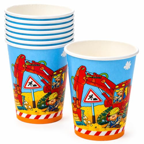 Lutz Mauder 8 Becher * Bagger & Baustelle * als Deko für Kindergeburtstag oder Mottoparty | 200ml, aus Pappe | Kinder Geburtstag Party Bauarbeiter Pappbecher Partybecher