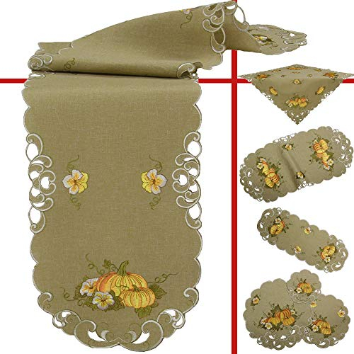 Quinnyshop Orange Kürbis Herbst Stickerei Tischdecke Tischläufer ca. 45 x 110 cm Oval Polyester, Beige-Grün