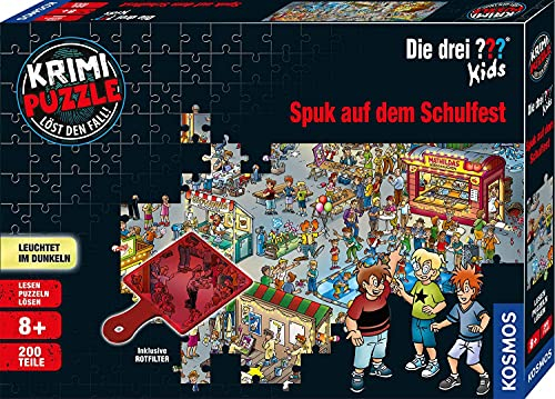 Die drei ??? Kids - Krimi Puzzle - Spuk auf dem Schulfest von KOSMOS 697983, Leuchtet im Dunkeln, 200 Teile, Lesen, Puzzeln, Rätsel lösen, Detektiv Puzzle für Kinder ab 8 Jahre