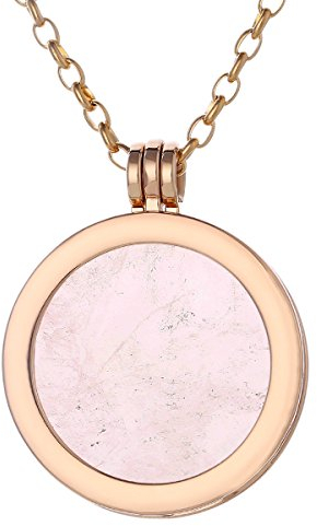 Morella Damen Halskette Gold 70 cm Edelstahl und Anhänger mit Edelstein Rosenquarz Coin 33 mm Chakren Scheibe in Schmuckbeutel