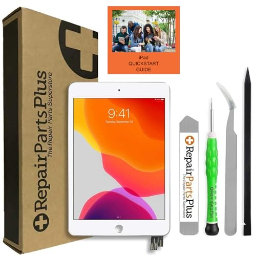Repair Parts Plus Ersatz-LCD-Display und Glas-Touch-Digitizer für iPad Mini 5–5. Generation, Premium-Kit (7,9 Zoll, Silber/Gold, A2126 | A2124 | A2133) + Sleep/Wake Sensor + Anleitung – Weiß