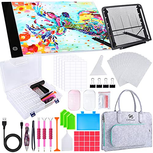 PP OPOUNT A4 Diamant-Malerei LED Licht Pad Kits, 3-stufig verstellbare Leuchtplatte LED Leuchtkasten mit 80 Rastern Diamantbox, Filz Handtasche, Ständer und Diamant-Malwerkzeuge für Diamantmalerei
