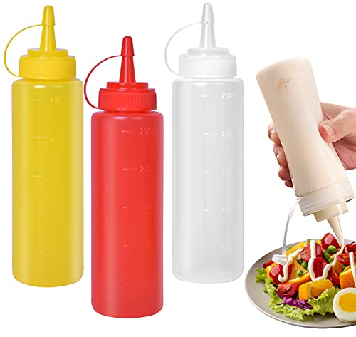 smatime 3 x Condiment Bottles, Sauce Bottle, 8 oz Squeeze Bottles, Soft Plastic Bottle, for Painting, Baking, Ketchup, Olive Oil 250 ml