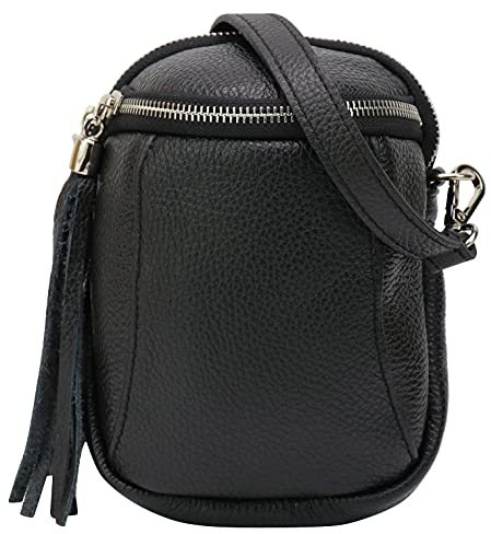SH Leder Damen Handytasche Umhängetasche Geldbörse Multifunktion Beutel Schultertasche aus Echtleder Verstellbar Schultergurt Handy bis 6.9 Zoll 14x19.5cm Emma G328 (Schwarz)