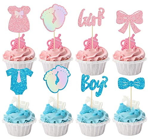Gyufise 24 Pack Boy or Girl Cupcake Toppers Glitter Onesie Jumpsuit Footprint Bow Tie Cupcake Picks Baby Shower Kids Birthday Gender Reveal Party Cake Decorations Supplies