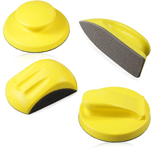 SPEEDWOX 4 Pack 5 Hand Sanding Blocks Round and Mouse-Shaped Hook and Loop Sanding Pad Includes Cleaning Brush, Hook Backing Plate for Wood Furniture Restoration Polishing Home and Car (Yellow)