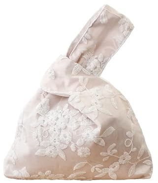 Borsa da Polso Vintage in Stile Giapponese - Realizzata a Mano Con Doppio Pizzo, Motivo Artistico, Kimono - Borsetta Portatile da Donna (Bianco)