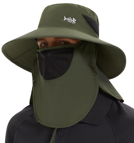 Bassdash Sonnenhut Fischerhut UPF 50+ Breiter Krempe Wanderhut mit abnehmbarem Gesichtsschutz und Nackenklappe Atmungsaktiver Unisex Wasserfester Angelnhut für Damen Herren