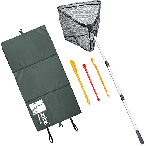 Zite Fishing Angel-Set | gummierter 2,10m Kescher | Teleskop-Unterfangkescher | 100x60cm Abhakmatte | Karpfen-Matte mit Ringen für Fisch-Waage | 3 tlg. Angelhaken-Löser |