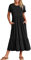 KOEMCY Damen Kleider Sommerkleid Kurzarm Kleider Blusekleid A-Linie Kleid Strandkleid Langes Kleid Maxikleid mit Taschen (Schwarz, S)