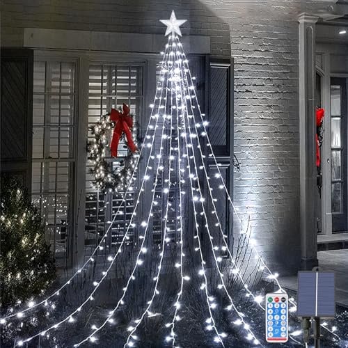 Acxilexy Solar Christbaumbeleuchtung mit Sterne, 2M*9 198 LEDs Tannenbaum Lichterketten, Fernbedienung, Wasserdicht Weihnachtsbaum Lichterketten mit 8 Modi für Weihnachtsbaum, Innen, Außen Dekor