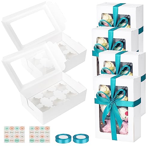 TsunNee 20PCS White Cupcake Boxes 6 Hole with Window, Reusable Cardboard Cake Boxes for Cupcakes Muffins Treats, Disposable Paper Bakery Boxes Gift Boxes for Home Baker Wedding Birthday Christmas