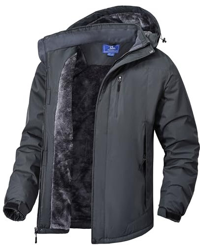 Zzkouine Herren Winter Fleecejacke Warme Gefüttert Skijacke Outdoor Winddicht Wasserdicht Jacke Atmungsaktiv Funktionsjacke mit Abtrennbarer Kapuze-Dark Grey-MM