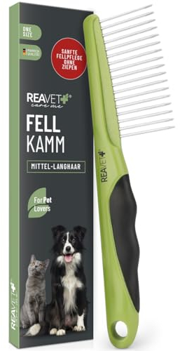 ReaVET Hundekamm & Katzenkamm für Mittel- Langhaar I Entfernt Knoten & Entwirrt das Fell I Fellkamm für die tägliche Fellpflege I Kamm für Hunde, Katzen mit abgerundeten Edelstahl-Zinken