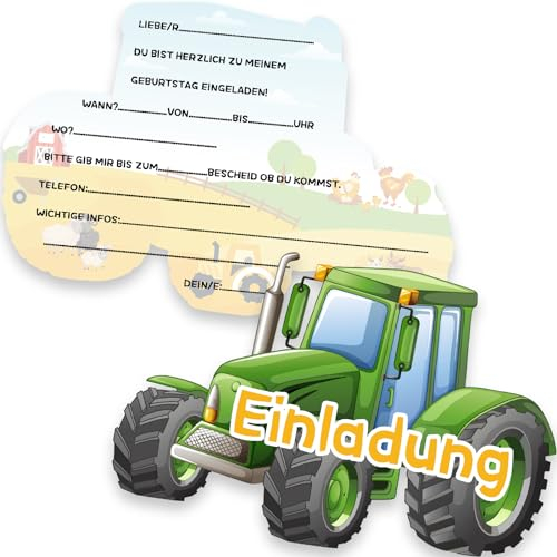 Tixlux 12 Einladungskarten zum Kindergeburtstag, 16 x 11 cm Traktor Einladungskarten, Geburtstagseinladungen für Jungen und Mädchen, Kinder Geburtstagsfeier Kinderparty