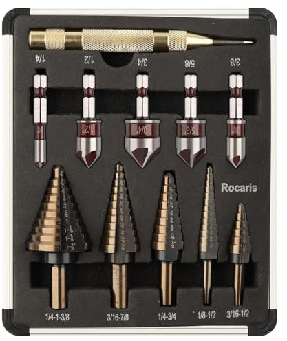Rocaris 5 Pack Step Drill Bit & 5 Pack Countersink Drill Bit Set with Case