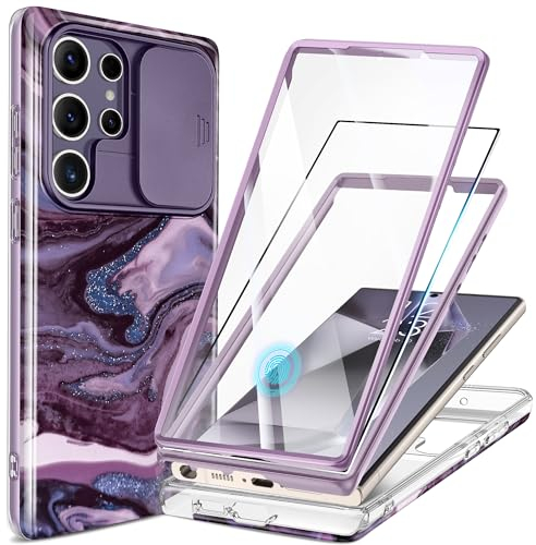 GVIEWIN Cover Compatibile con Samsung Galaxy S24 Ultra con Cover Fotocamera Slide+Proteggi Schermo,[2 Cornici Anteriori] Armatura a 360° Fullbody Custodia in marmo antiurto 6,8, Sabbie mobili/Viola